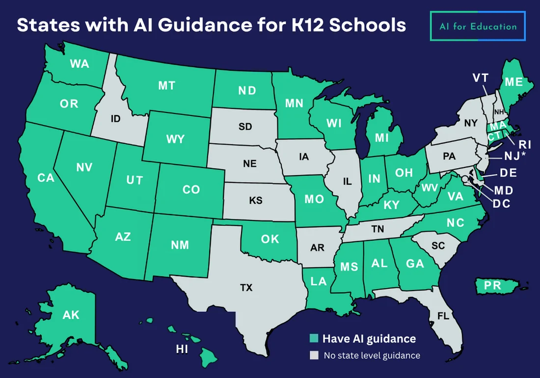 Visual for this record: Trackers count 35 states with AI guidance, not who pays for it